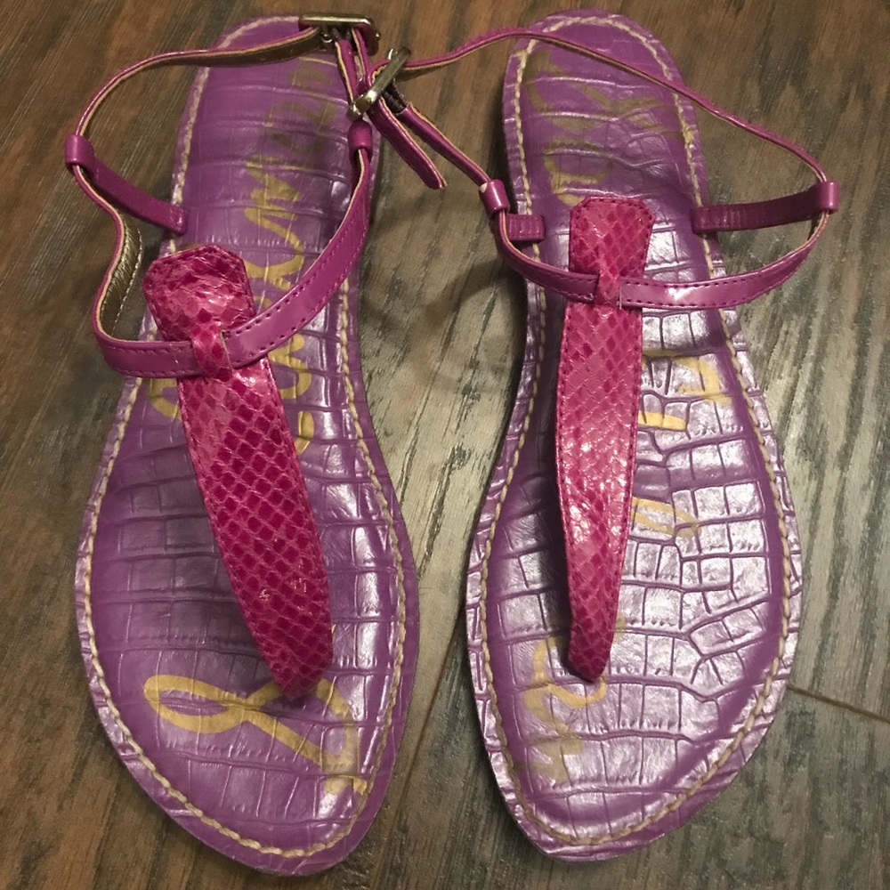 Sam Edelman Purple and Fuchsia T-Strap Croc-Embossed Sandals